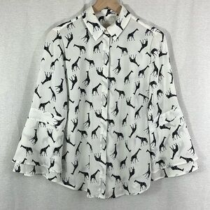 Chicos Giraffe Novelty Print Flare Sleeve Button Up Blouse Top Womens Size S